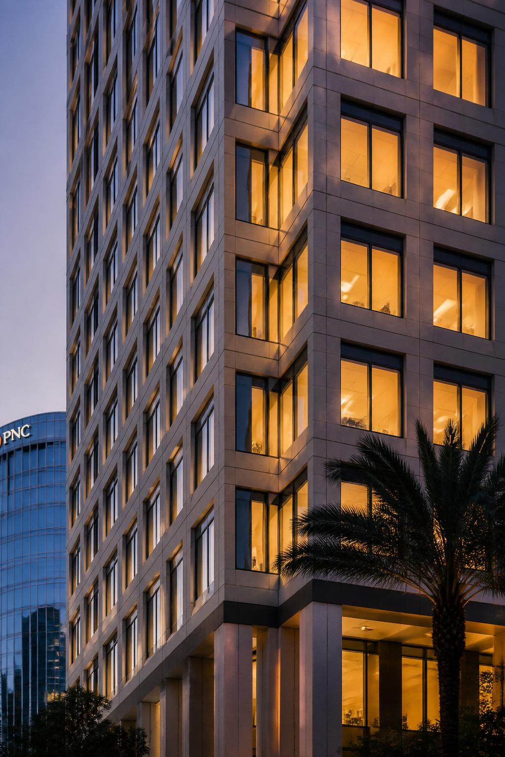 Modern downtown Orlando office tower at dusk